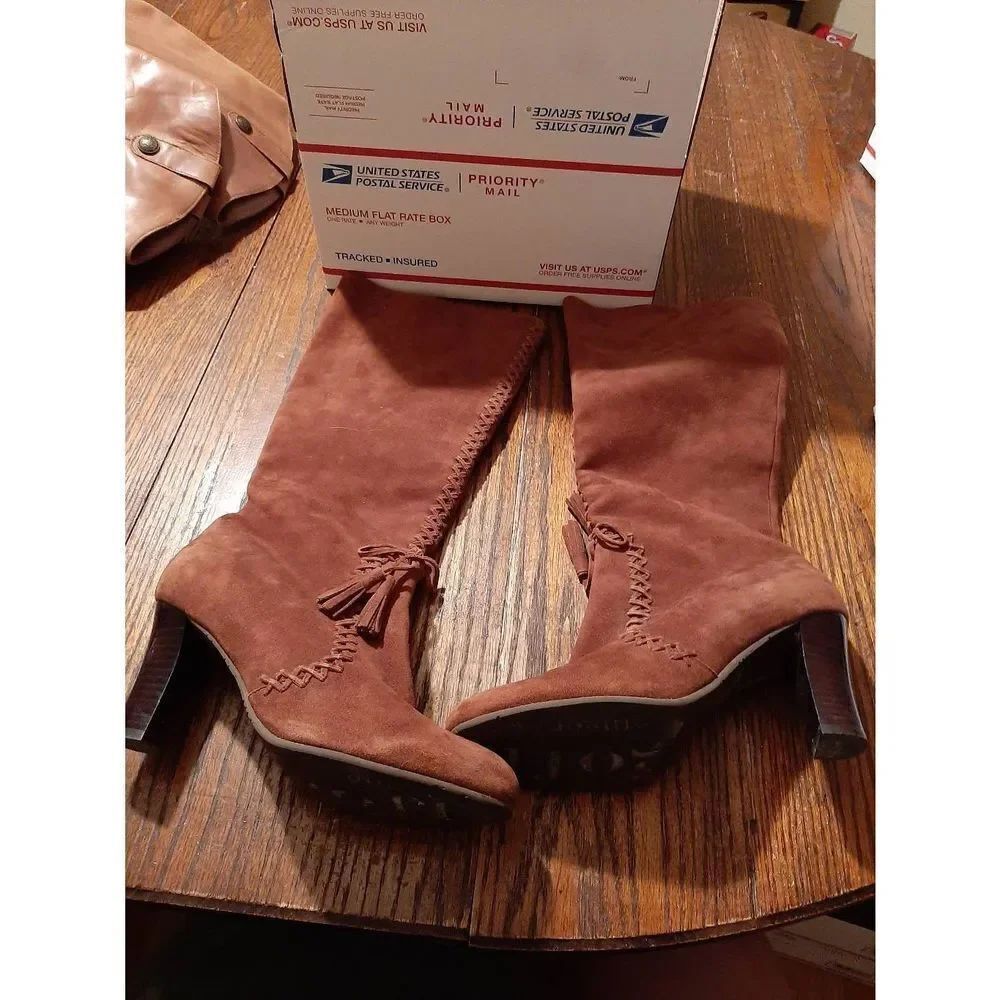 7.5M Ginger Goff Brown Suede Leather Chunky Stacked Heel Tassel Boots Side Zip